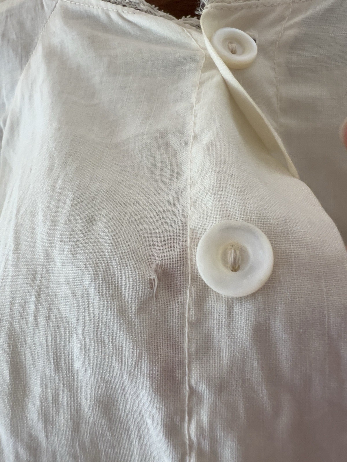 Antique Cotton Blouse Top Off White Hand Embroidered Lace Edwardian Button Back