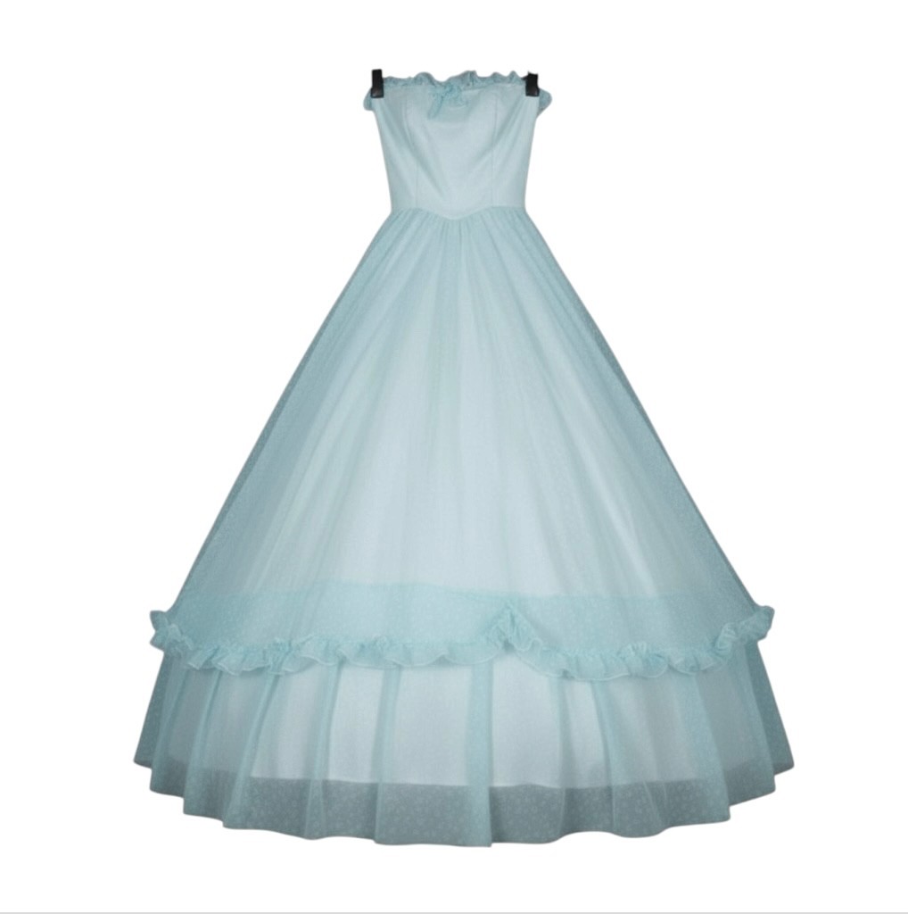 VTG Prom/Wedding CHIFFON Blue Floral RUFFLE Sweetheart w/FULL SLIP Cupcake XS