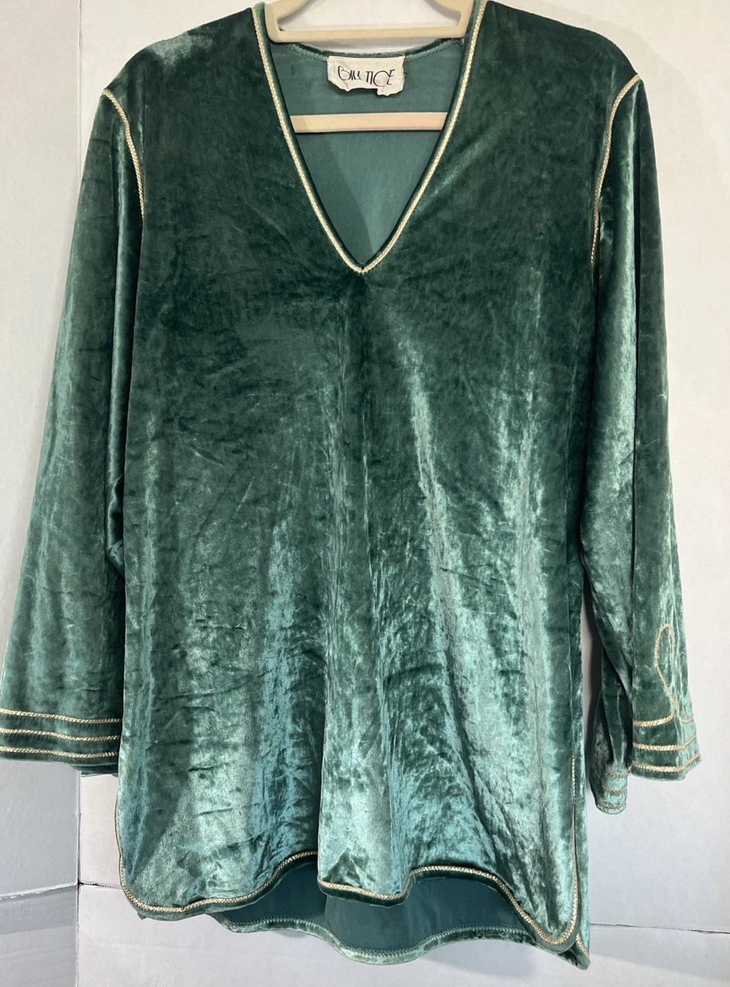 BILL TICE USA Vintage 80&rsquo;s Velour Tunic Top V Neck Womens M Boho Teal Glam 46” C