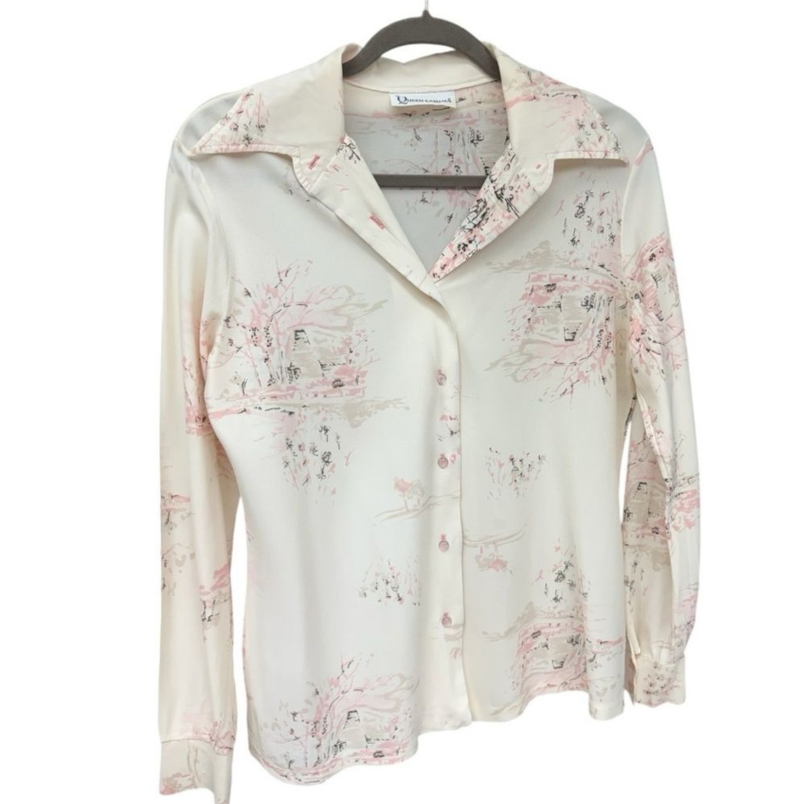 Queen Casuals Ivory Pink Abstract Print 70s Dagger Collar Button-Up Blouse