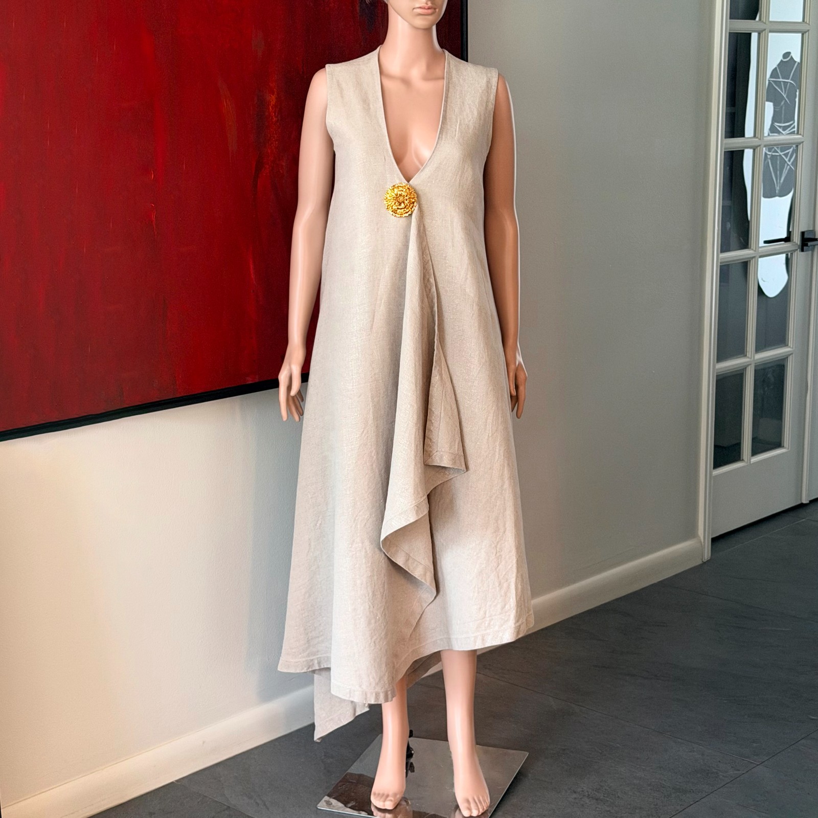 GIANFRANCO FERRE beige asymmetrical flared sleeveless linen dress size 44