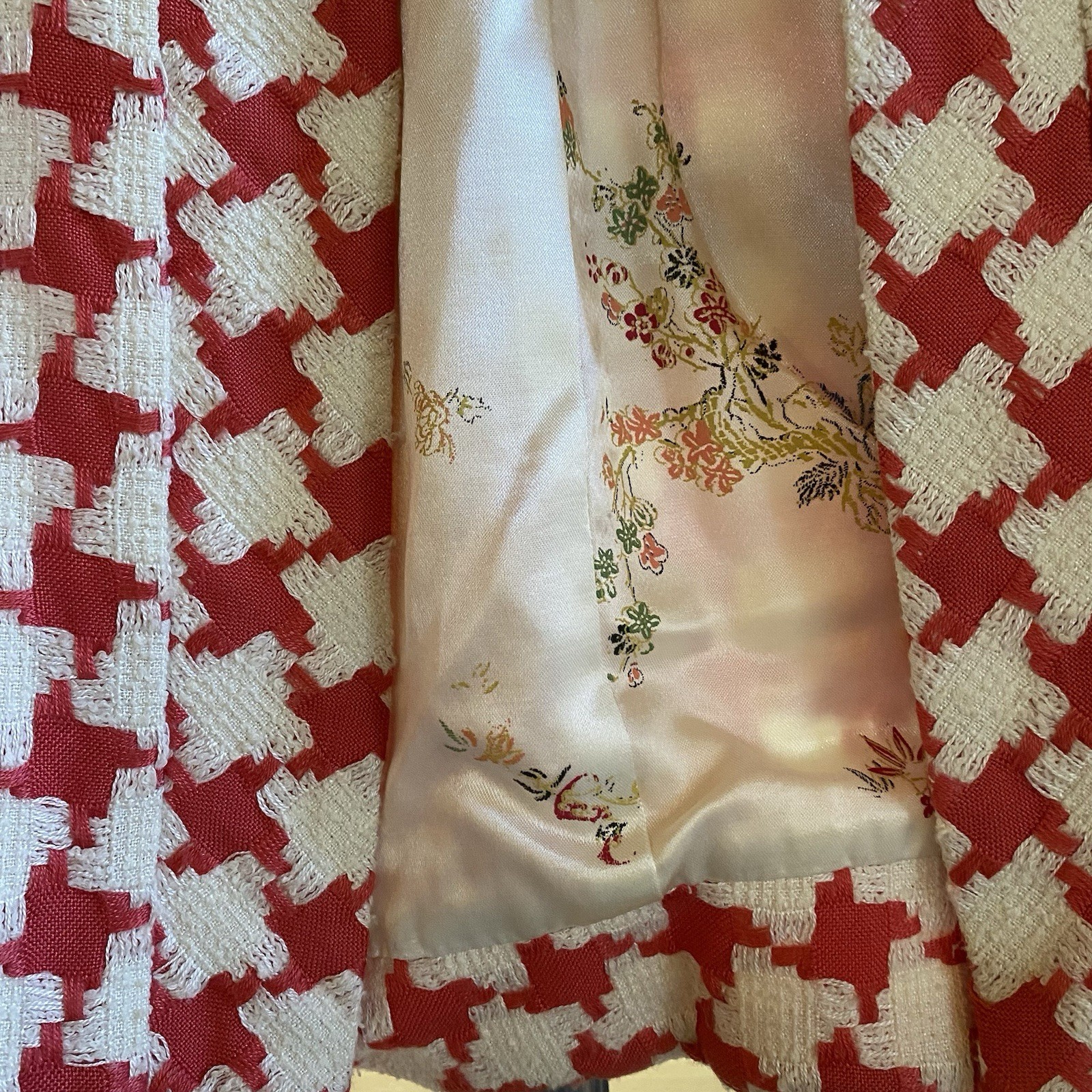 Vintage Handmade Pink Plaid Short Jacket With White Floral Satin Lining