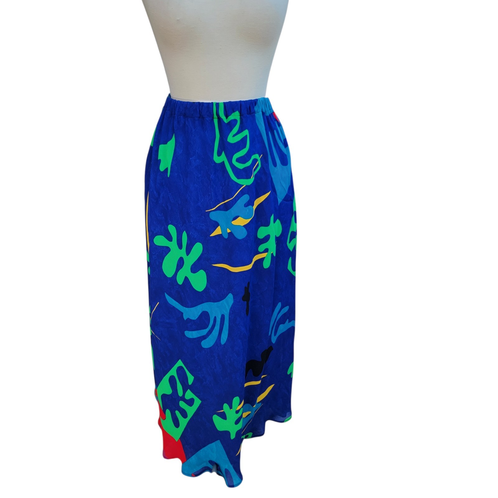 Vintage 90s Royal Blue Kelly Green Red Yellow Maxi Skirt Abstract Art S/M Retro
