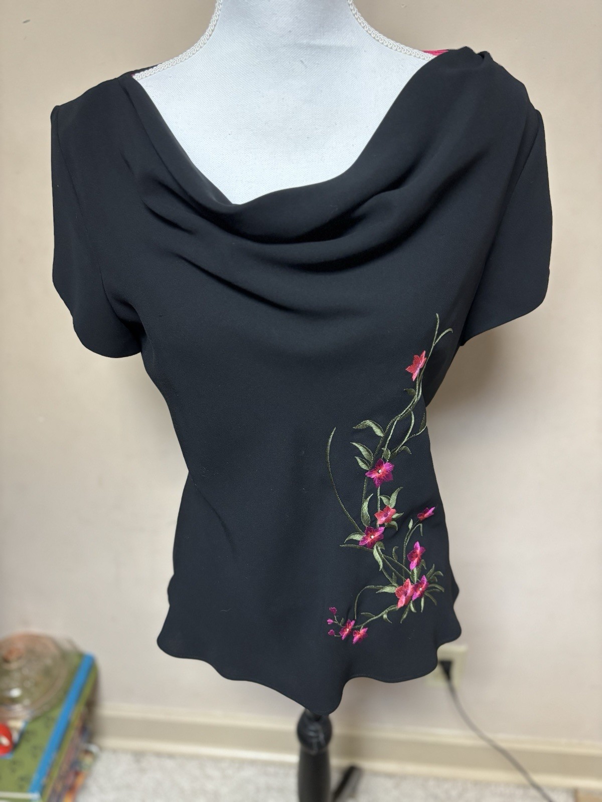 Vtg black SL Fashions polyester lined embroidered floral top, Made in USA, 12