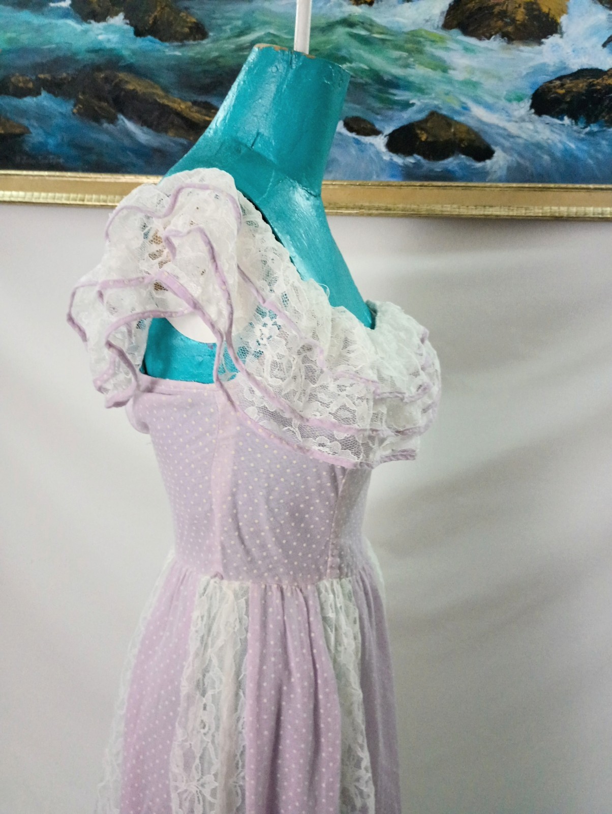 Soft Purple Lilac Cottagecore Polka Dot And Lace Vintage 1970s Dress Small XS