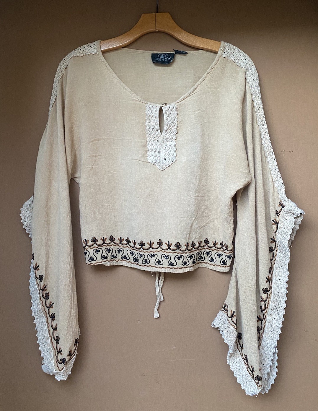 Vtg 70s Peasant Blouse Top Brown Crochet Kimono Sleeve Hippie Boho Folk One Size