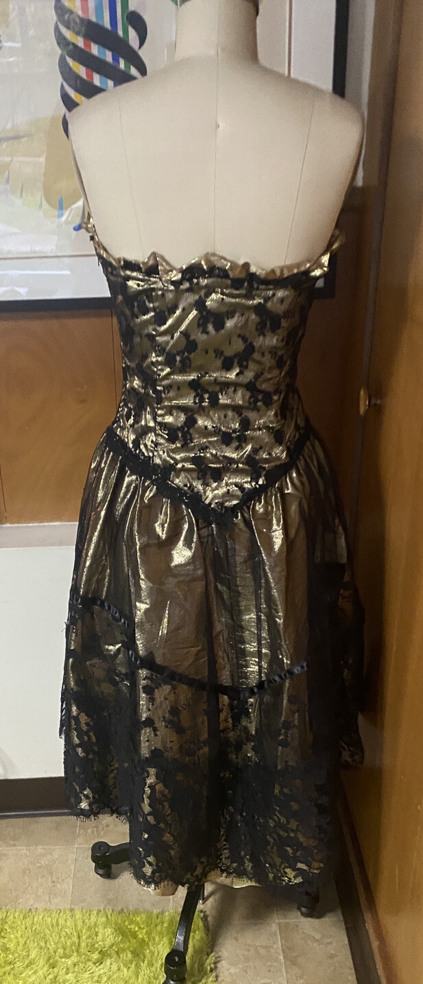 VTG New Leaf by Samir XS 0 2 Gold Black Metallic Party lace Dress Strapless