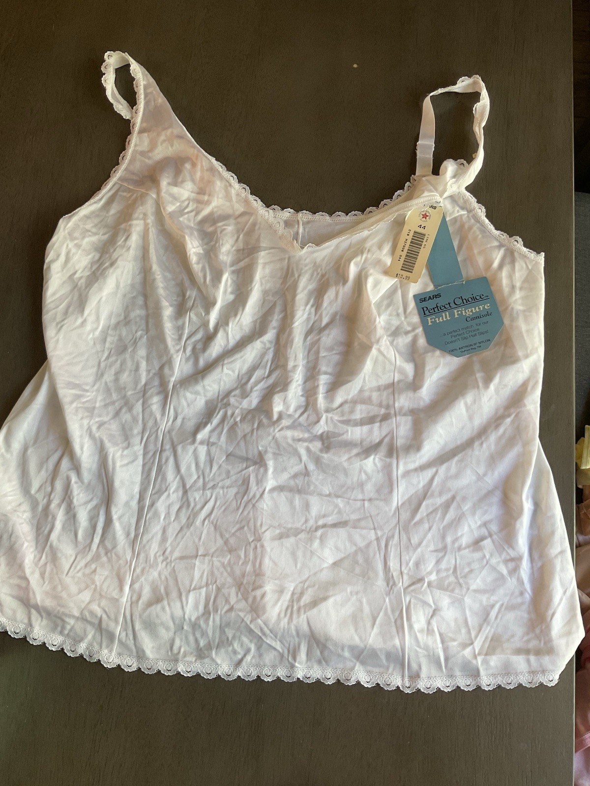 Vintage Sears Nylon Camisole 44 Full Figure White Non-Cling Adjustable Straps
