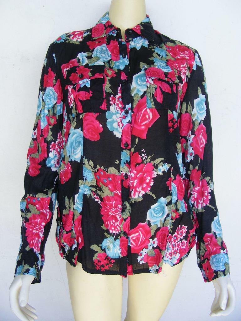 Chloé Vtg Blouse XL Rose Floral Colorful Pleated Back Button Chest Pockets Shirt