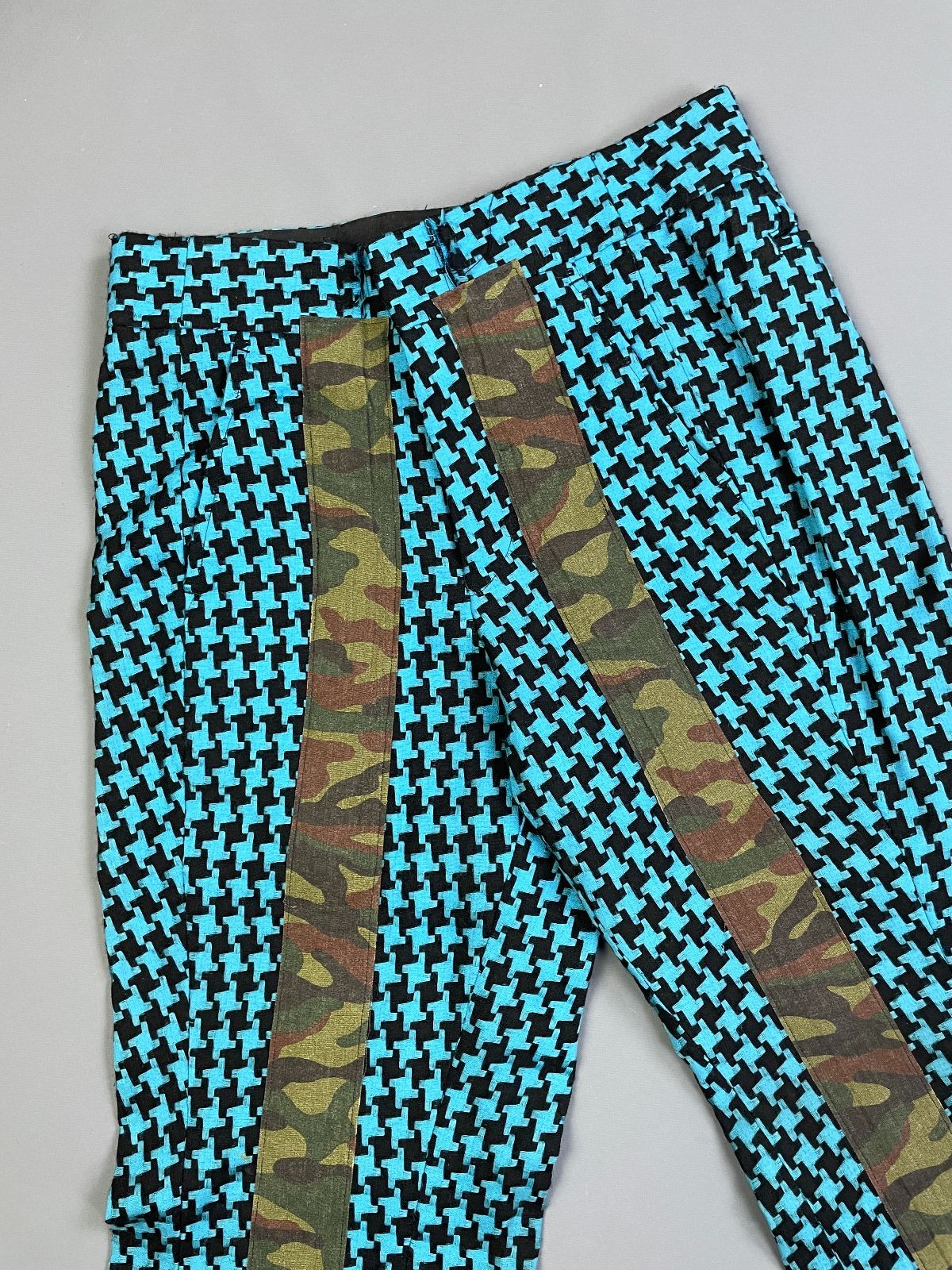 Comme Des Garcon 1990S CHUNKY WOVEN HOUNDSTOOTH & CAMO LIGHT FLARE TROUSERS Blue