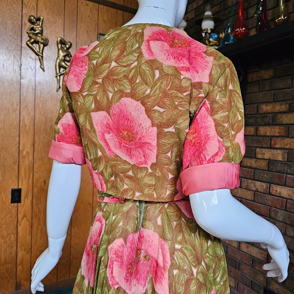 Vtg 40s Chiffon Pink & Green Impressionist Floral Full Swing Skirt w/ Bolero M