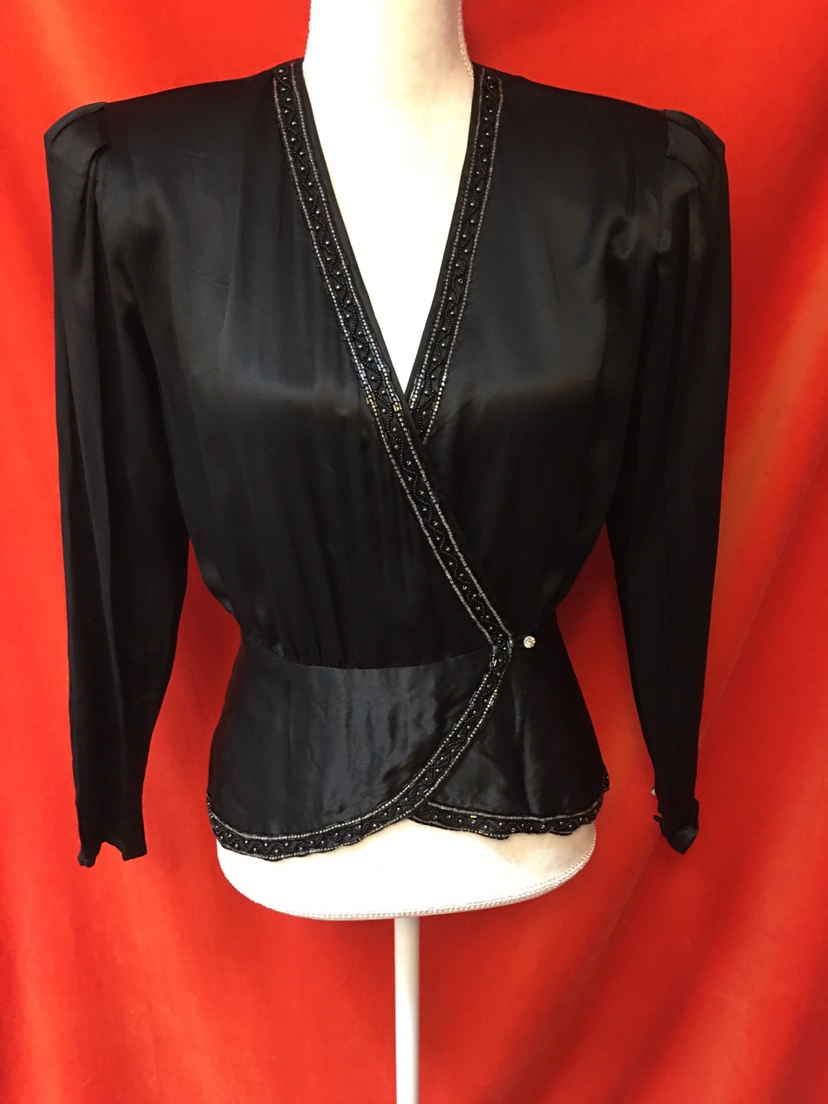Bellino Paris Mode vtg 80s silk peplum top beaded v-neck black s party cocktails