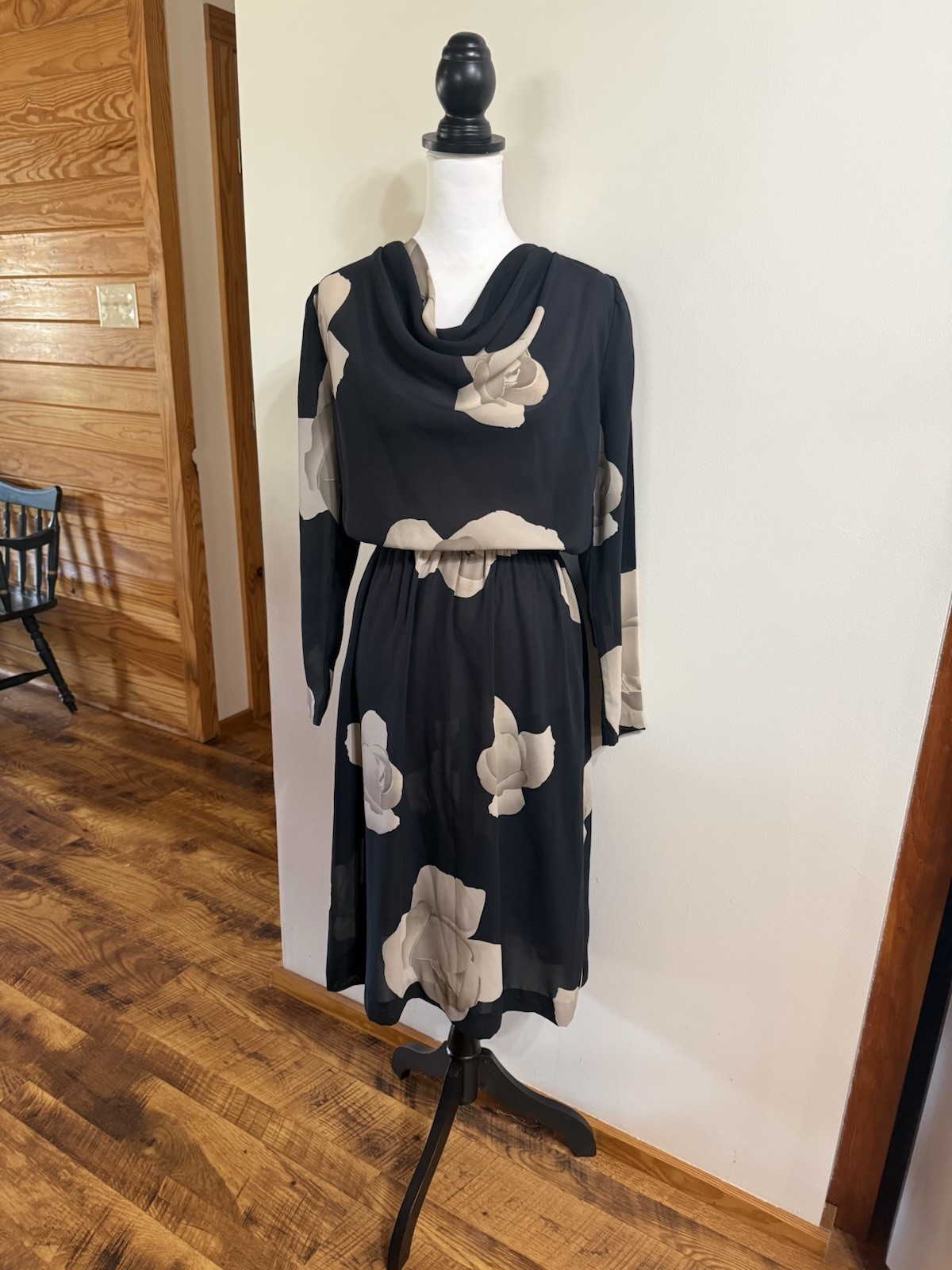 Vintage 70s 80s Melissa Lane Floral Dress Semi Sheer Cowl Neck S