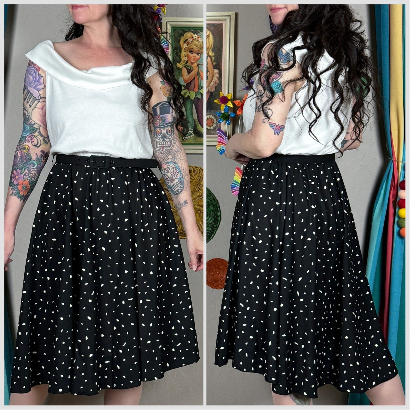 Vintage 1970s Black and White Off The Shoulder Fit and Flare Midi Dress | M/L