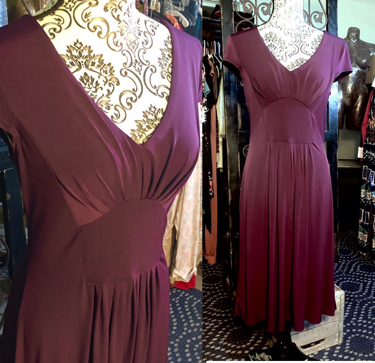 Vtg Y2K BISOU BISOU Dk Plum Stretch Knit Short Sleeve Pleated Front Midi Dress~6