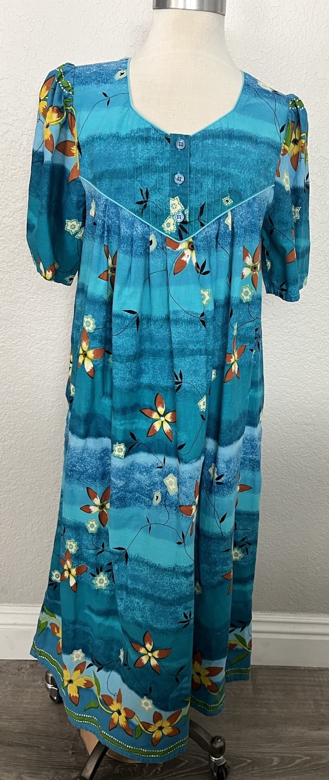 Vtg Phases Tropical Floral Cotton House Patio Dress Blue Hawaiian Midi MuuMuu L