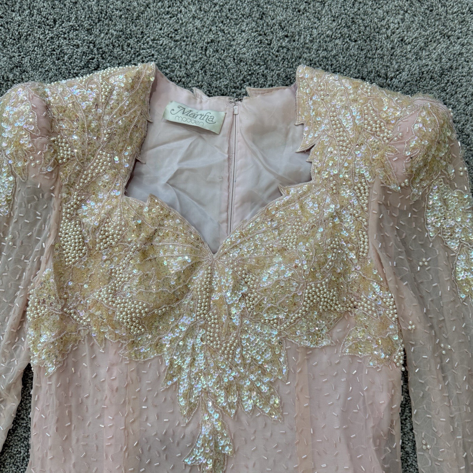 Vintage Martha Madden Light Peach Beaded Sequin Maxi Formal Dress Lined Women S
