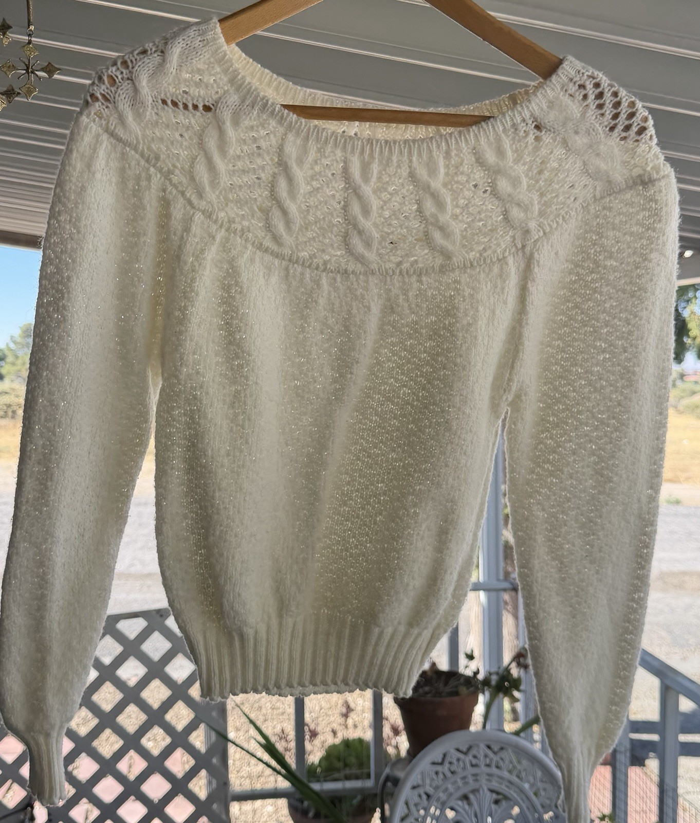 Vintage Cream Knit Open Stitch Yoke Sweater – Soft Cozy Cottagecore Knitwear