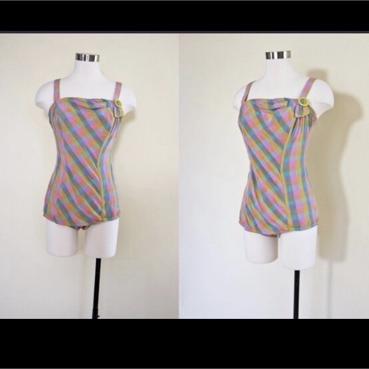 Kerrybrooke Sears 50s Multicolor Plaid One-Piece Swimsuit Size 16 Buckle Detail