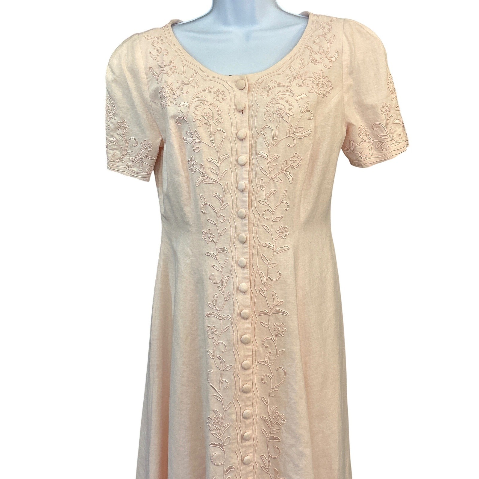 Vintage Talbots Pink Linen Blend Embroidered Midi Dress Cottagecore Button Front