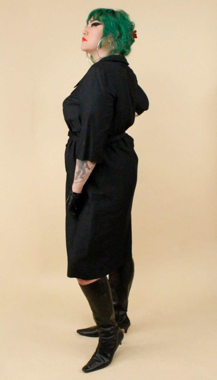 1950s Vtg Black Plus Size Volup Collared Sailor Button Dress Goth Pin Up 1X B48&Prime;