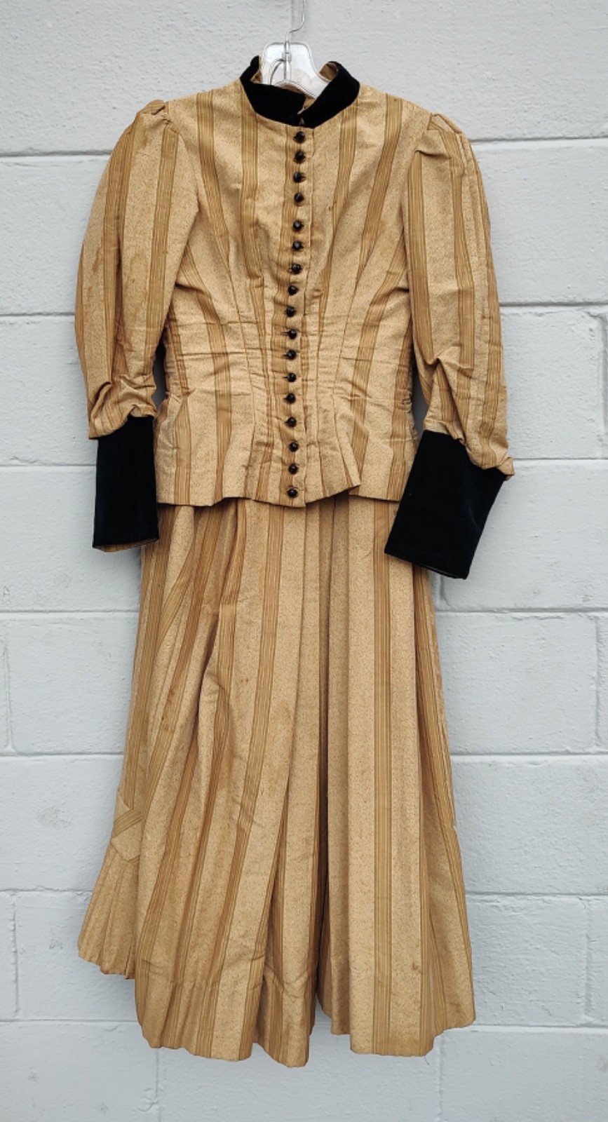 Antique Prairie Dress Camel Tan Striped Walking Skirt & Top metal stays SZ S