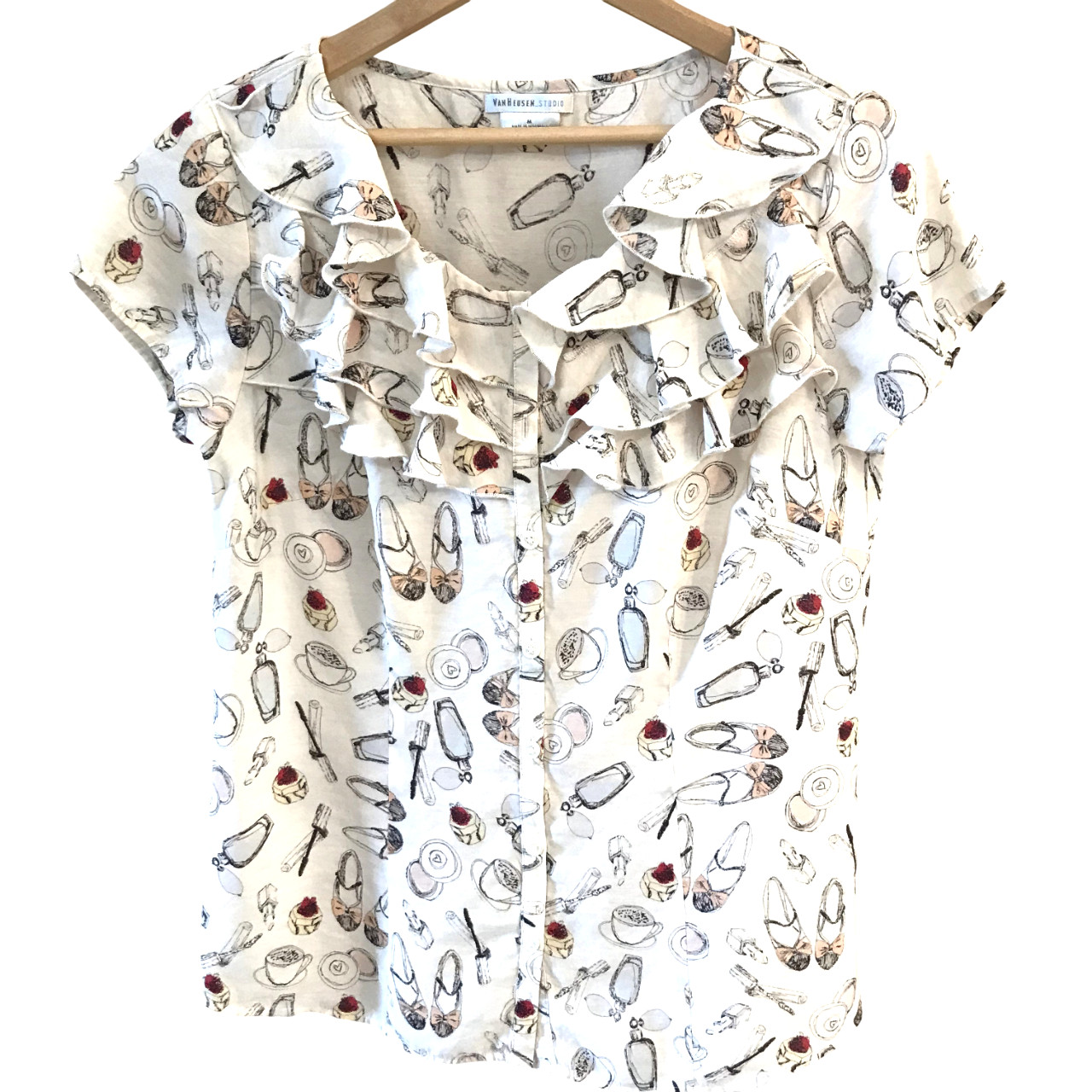 Van Heusen Studio Ruffled Blouse Vintage Top Heels & Coffee Print Women&rsquo;s Sz M