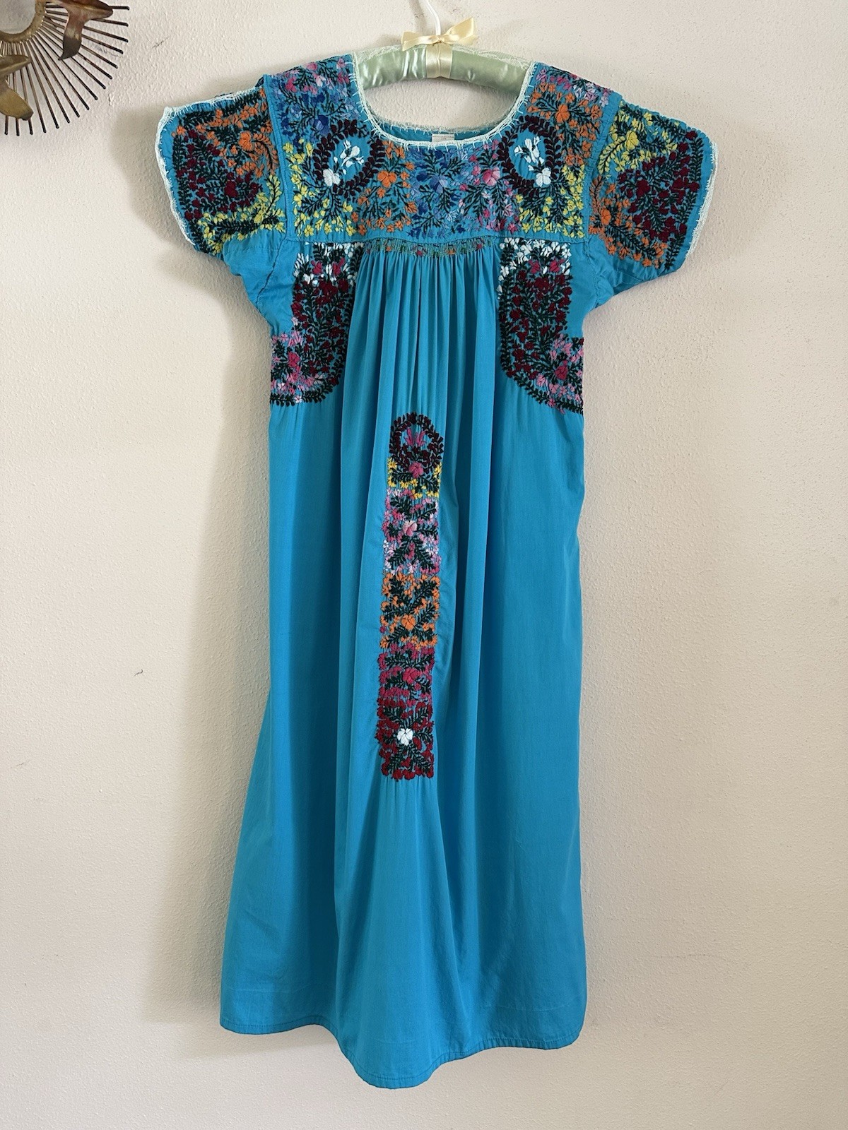 1970s San Antonino Oaxacan Huipil Dress Cotton Hand Embroidered Mexico S VTG