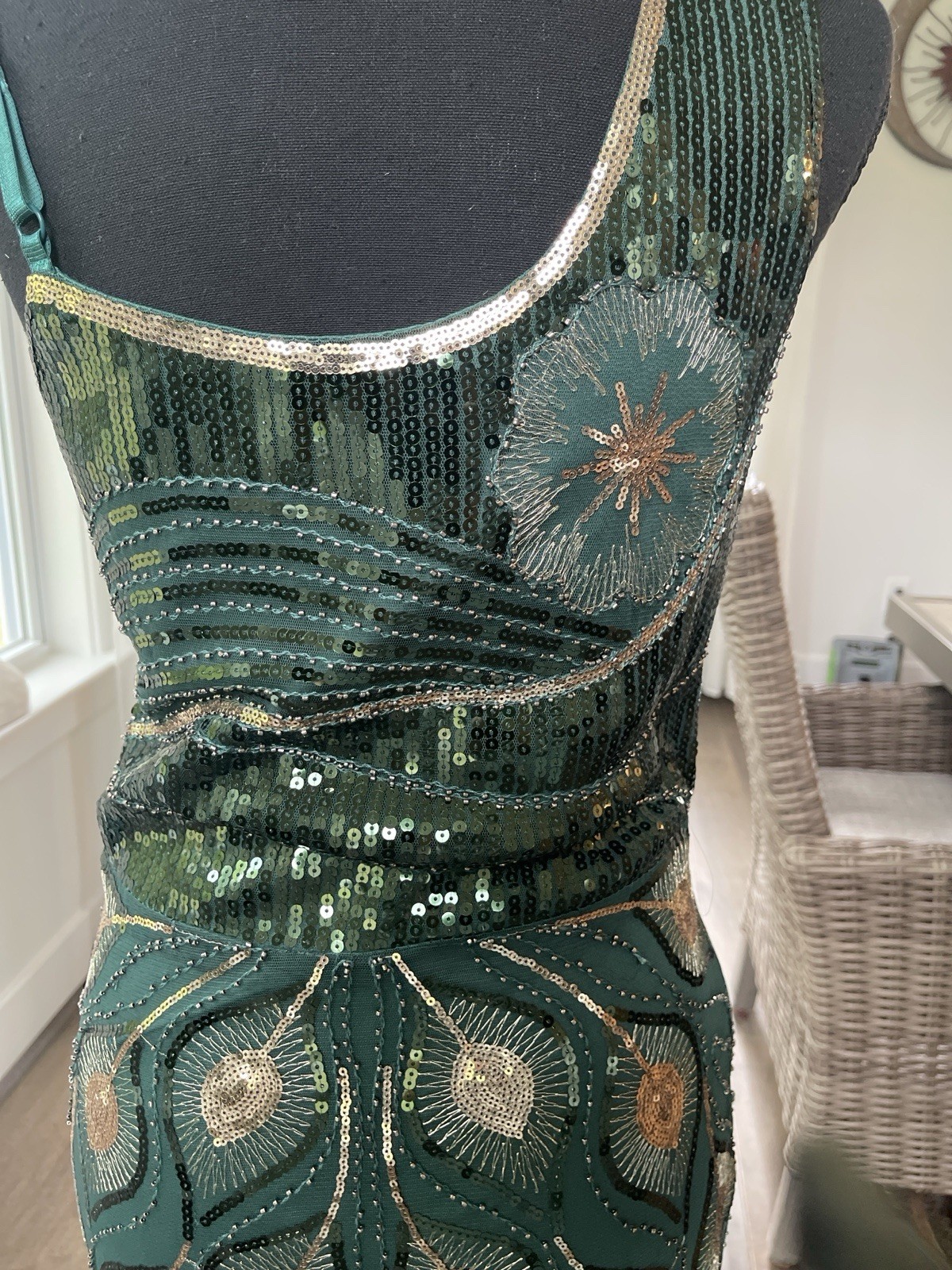 1920s Gatsby Flapper Dress Green Sequin Fringe Beaded Art Deco Evening