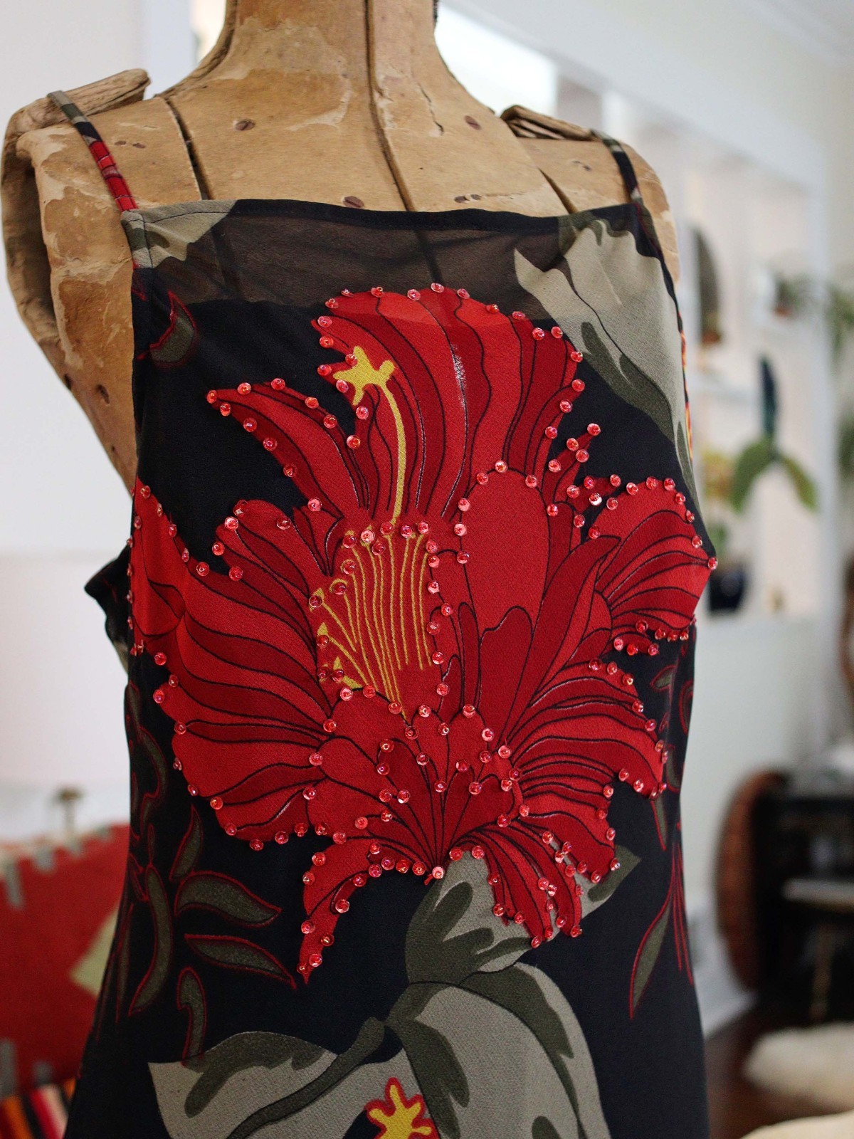 VTG Whimsigoth Y2K 90s Black Slip Dress Handkerchief Hem Bias Cut Flower Print