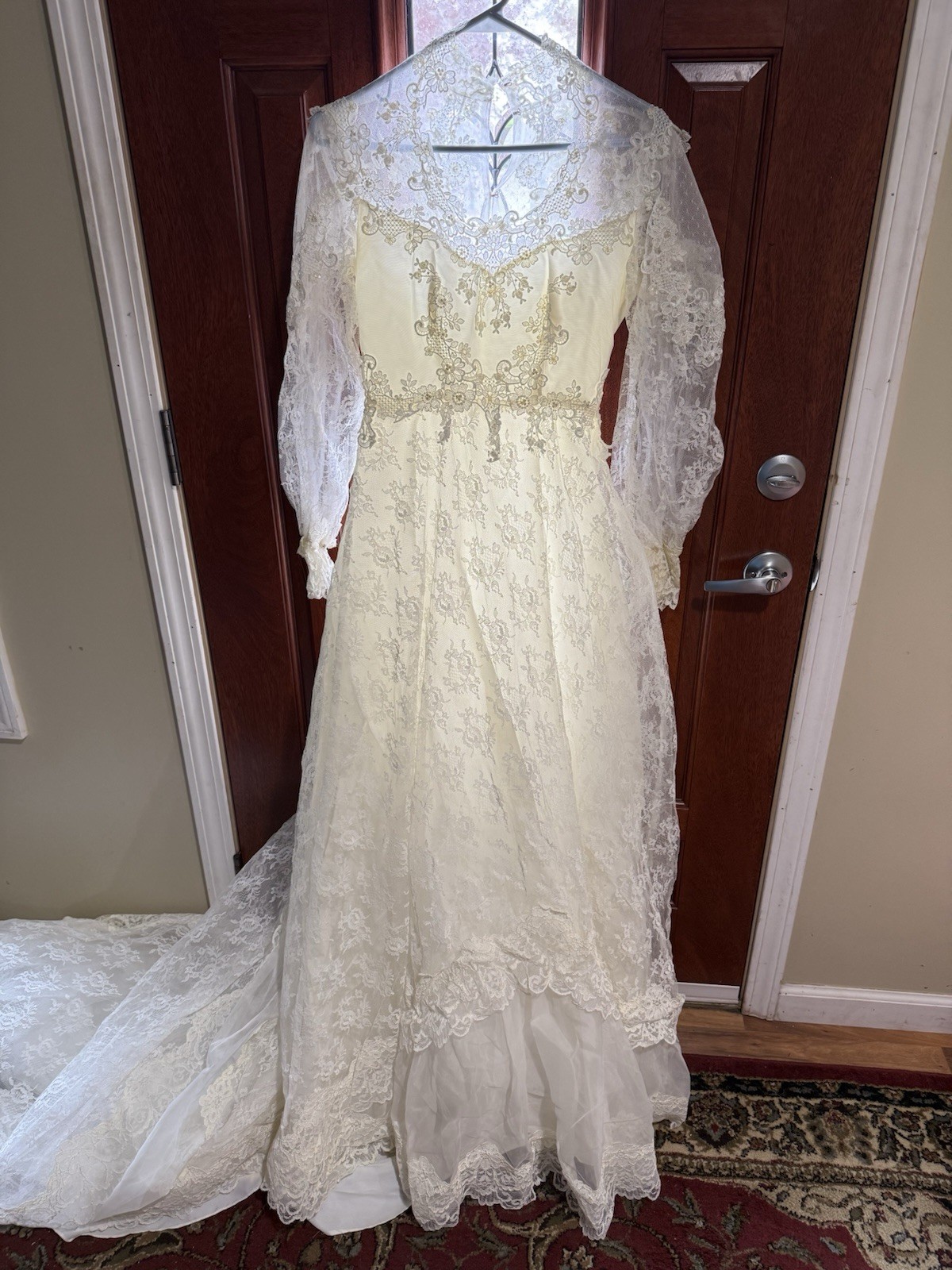 Vintage Lace Applique Bead COLONIAL Wedding Dress Long Sleeve Small-M