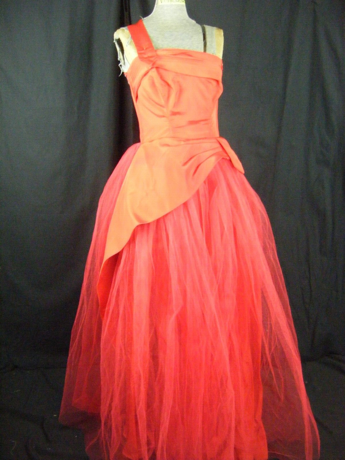 DANCE ORG by FRED PERLBERG Vtg 50-60s Red One Shoulder Tulle Dress-Bust 30/2XS
