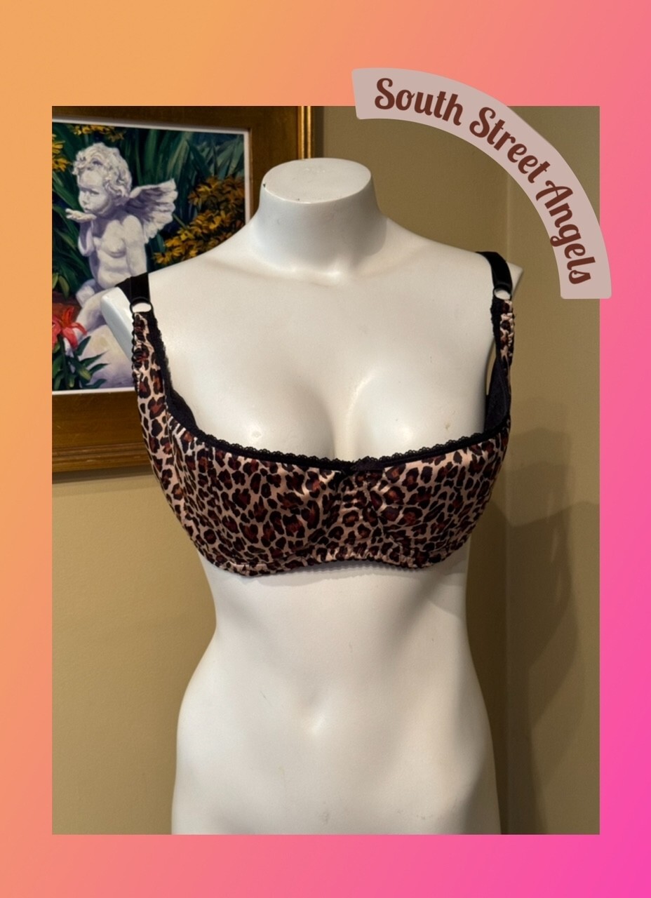 VINTAGE BETTIE PAGE SECRETS IN LACE BLACK LEOPARD SATIN PLUNGE UW BRA SIZE 40DD
