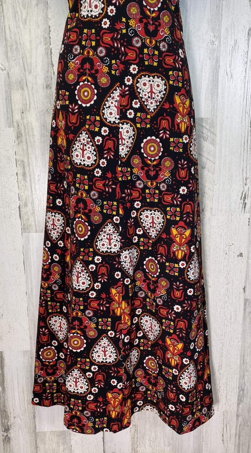 Handmade Vtg Hippie Boho Bold Print Keyhole Maxi Dress 17” Armpit Flutter Sleeve