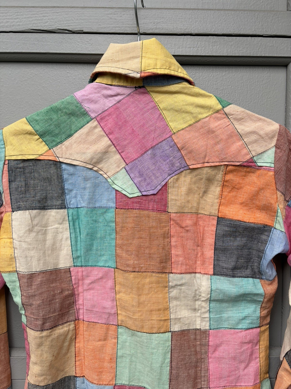 Vintage 70s Glam Rock Patchwork Shirt Hippie Bohemian Colorful Cotton M