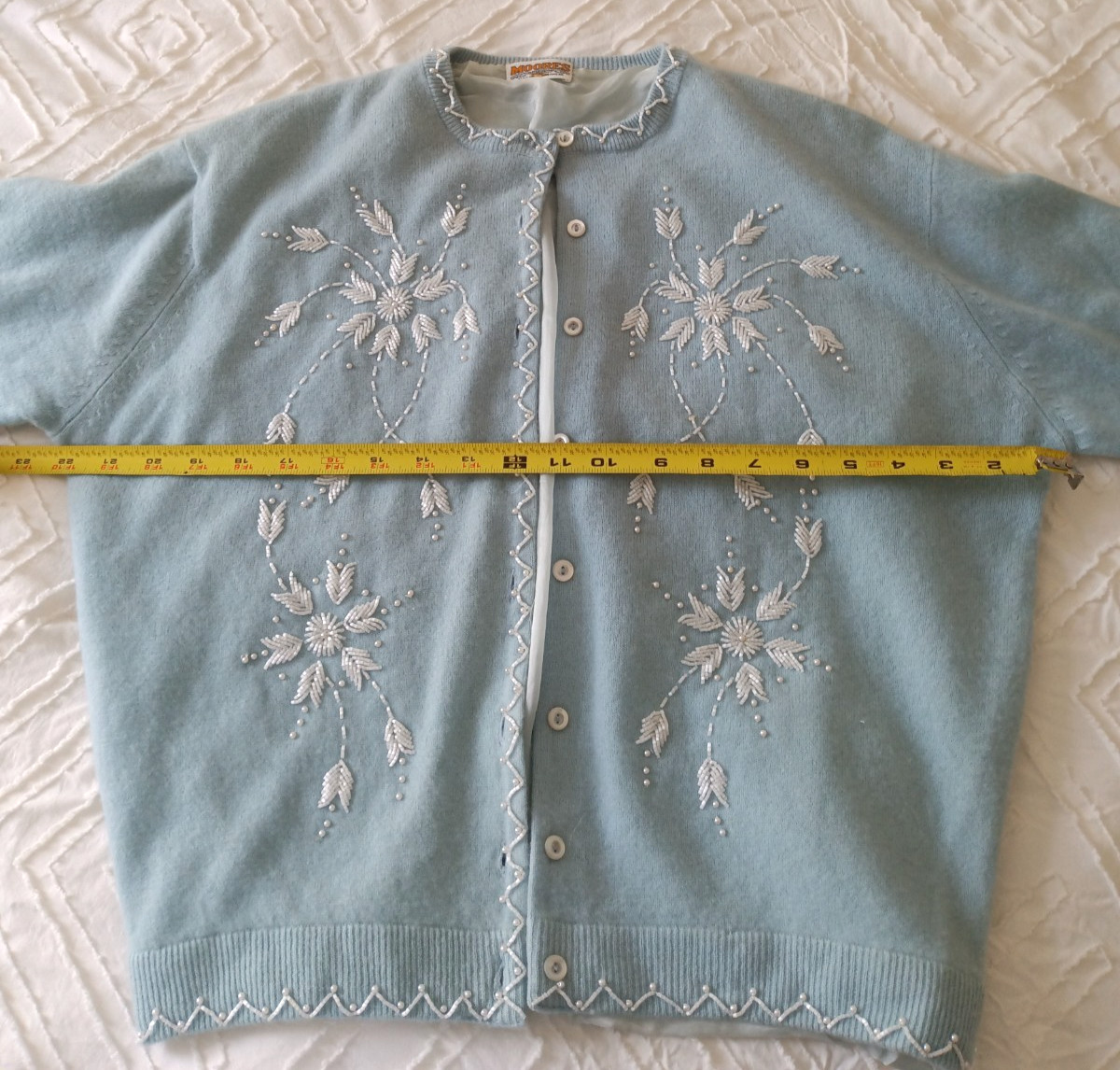 Vintage Moores Cashmere Cardigan Beaded Embroidered Powder Blue Pearl Trim Sweat
