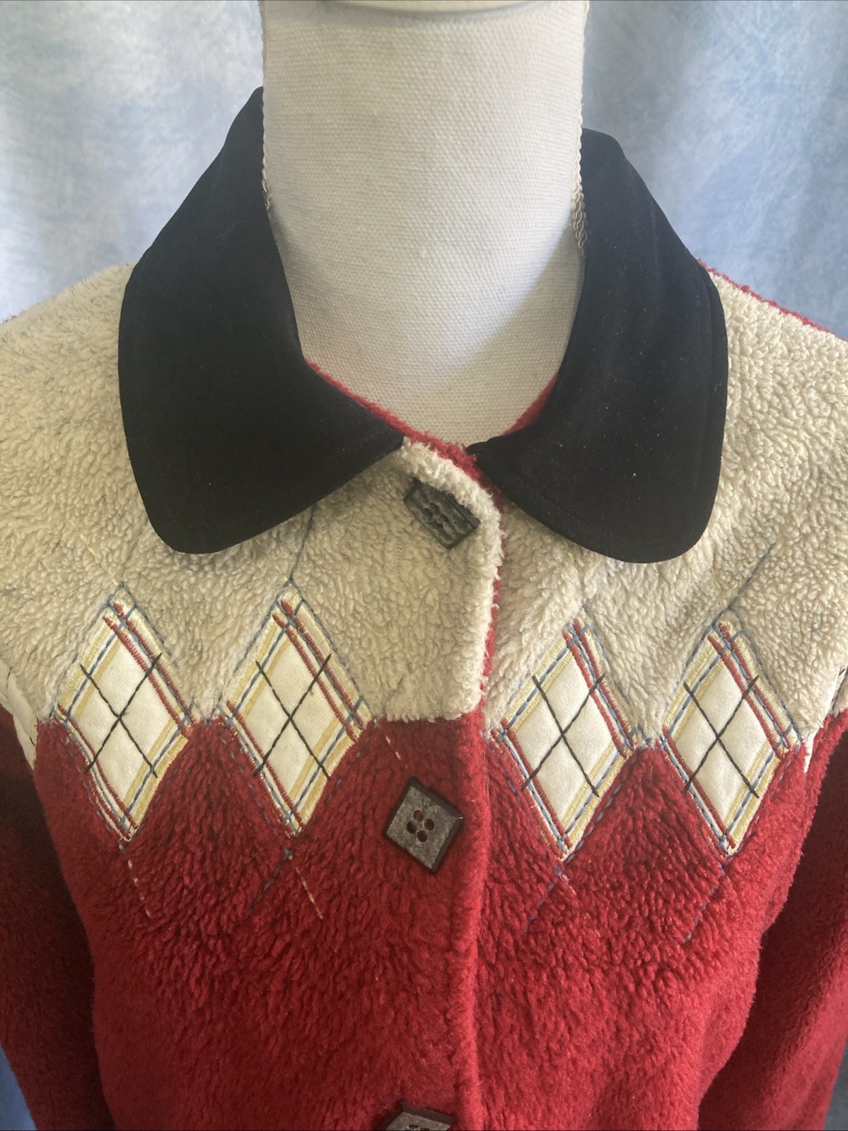 Vtg 1990s Teddi Red Argyle Fleece Jacket Women’s Small Button Up Cardigan GUC