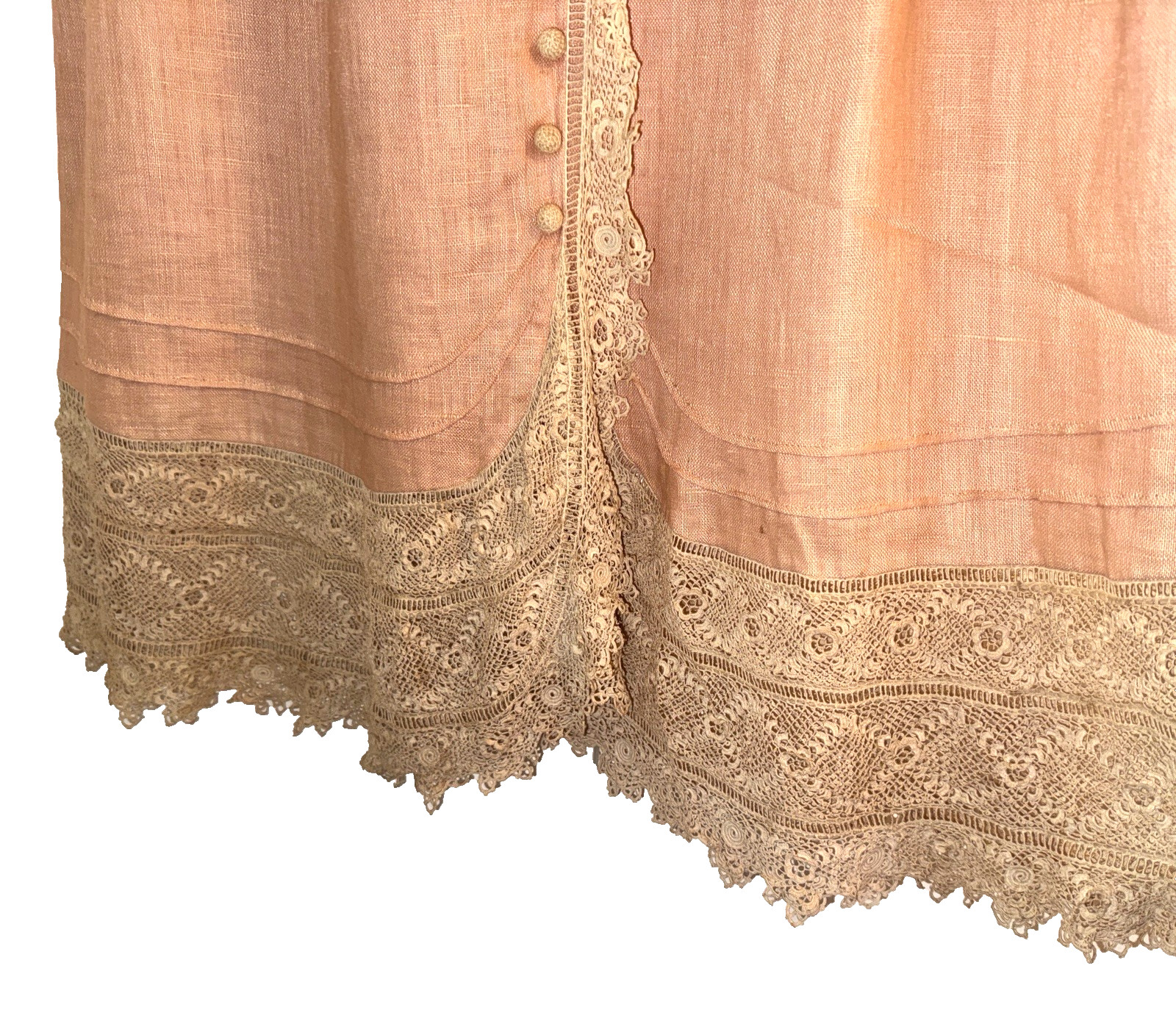 Vtg Antique Peach LINEN + LACE Button-Up Blouse MINI DRESS Robe 29&Prime; Victorian
