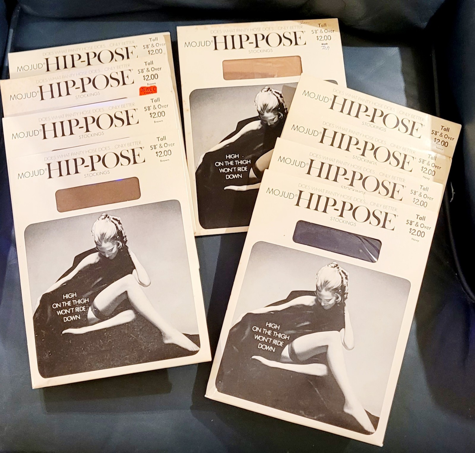VTG 9 Pr NIB Mojud HIP-POSE Stockings Size Tall 5&rsquo;8&Prime;+ Navy, Brown, Tan 1970s-80s