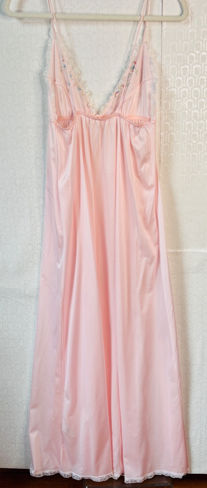 VTG VAL MODE BOHO GODDESS PINK WHITE LACE FLORAL EMBROIDERED NIGHTGOWN DRESS*S
