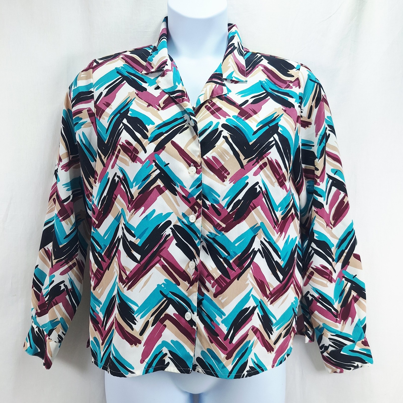 Vintage Alfred Dunner Blouse Top Shirt Silky Button Down Sz 12P Pink Green Blue