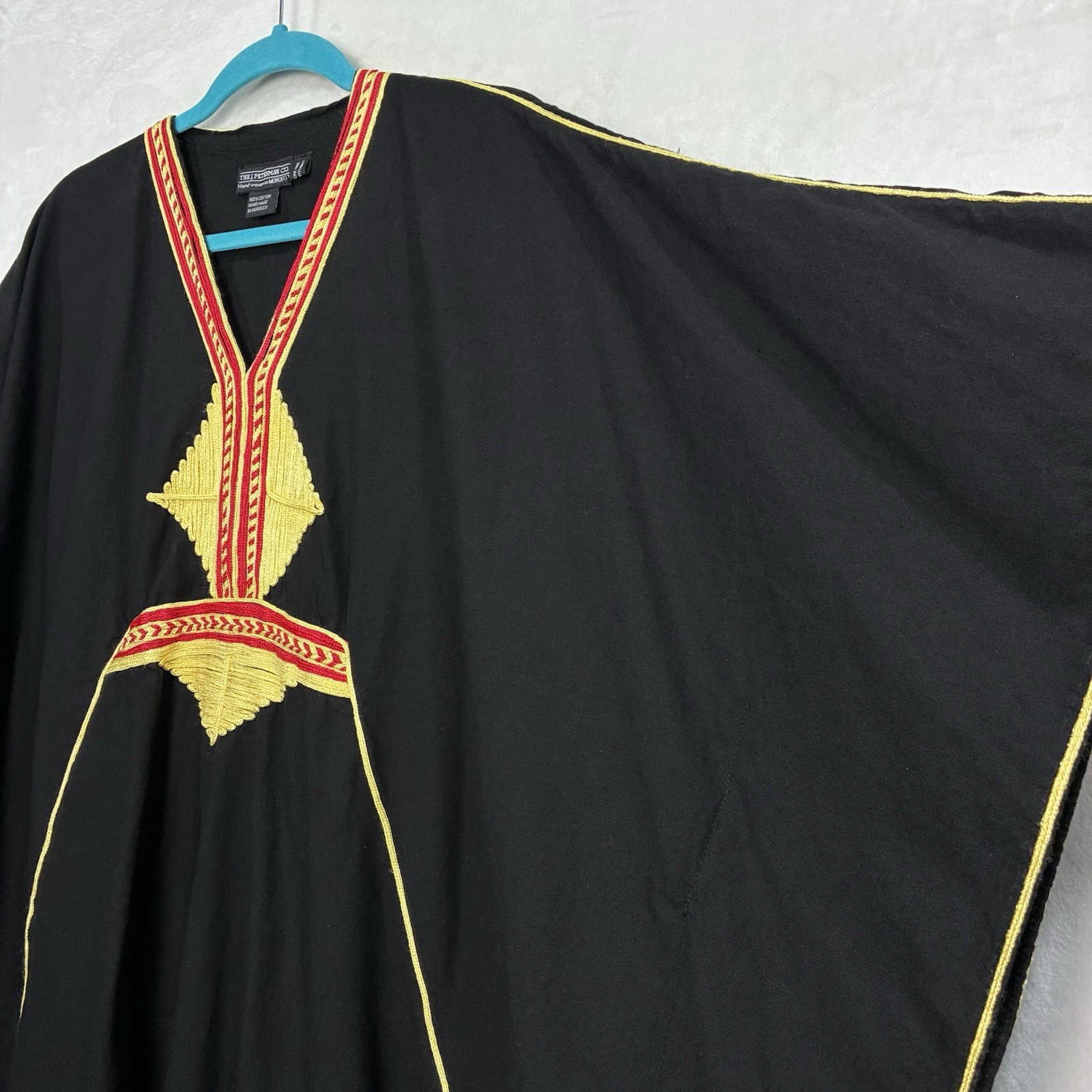 Vintage J Peterman Morocco Hand-Embroidered Caftan Maxi Black Yellow Cotton OSFA