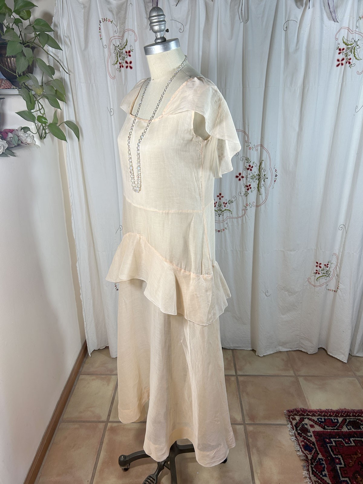 Antique 1920s Peach Sheer Muslin Flapper Dress Capelet Collar Sleeveless sz 4/6