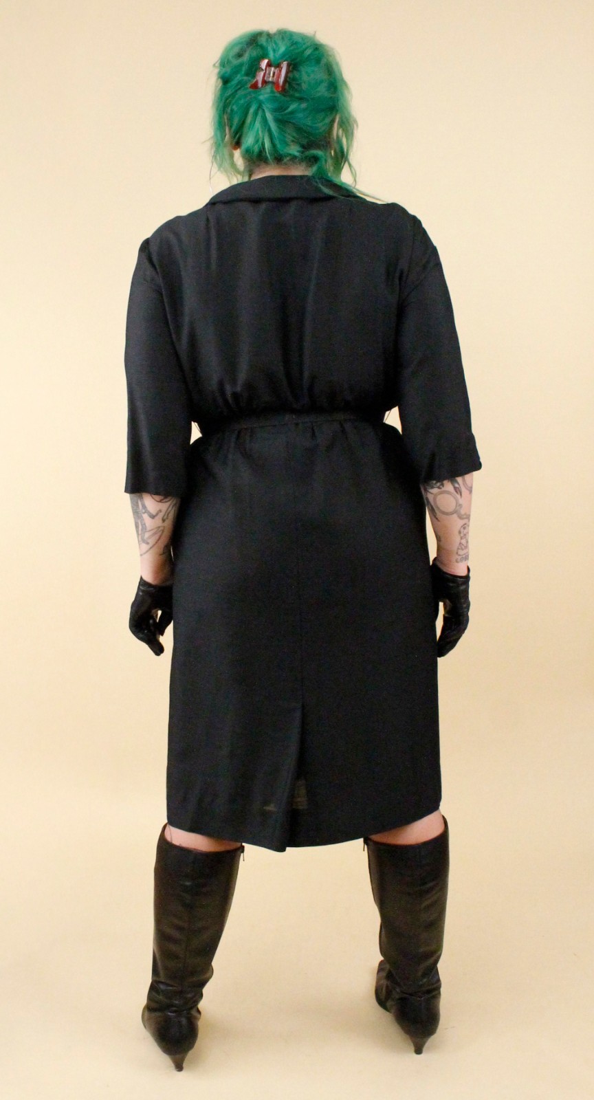 1950s Vtg Black Plus Size Volup Collared Sailor Button Dress Goth Pin Up 1X B48&Prime;