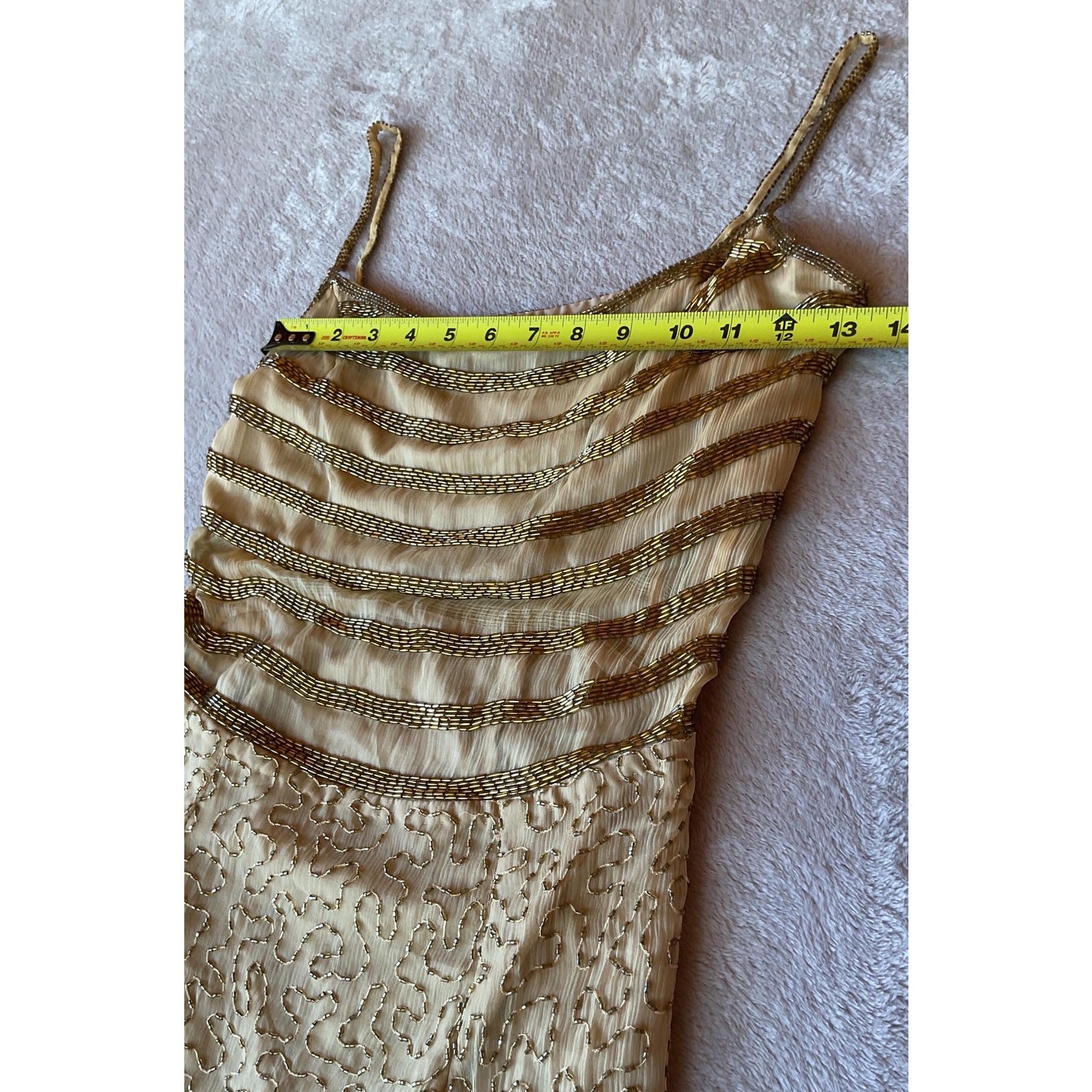 NWT Vintage 90s Gold Silk Beaded Column Gown with Front Slit, Deadstock