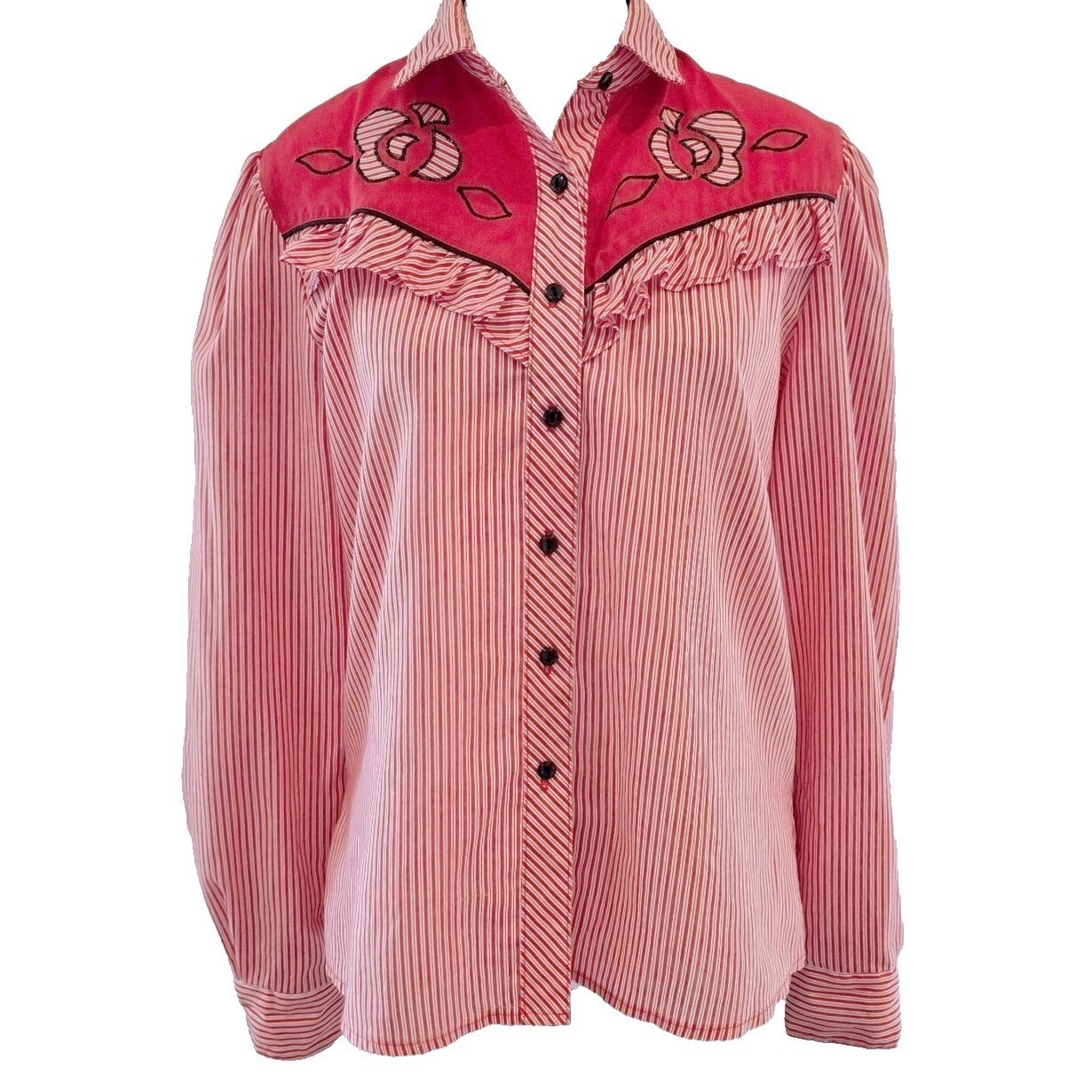 Vtg 1980s Womens Western Shirt Red White Candy Stripe Ruffle Rose Embroidered M