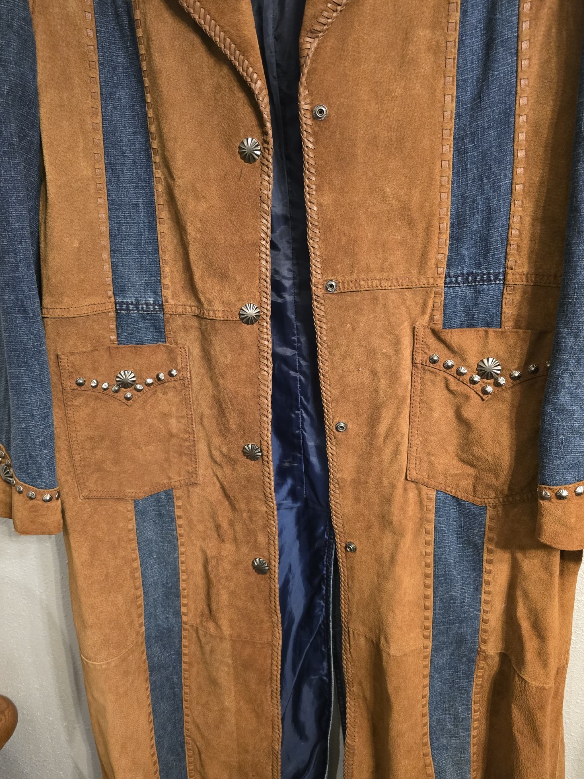 Vintage Cripple Creek Western Leather Denim Duster Long Jacket Trench Coat