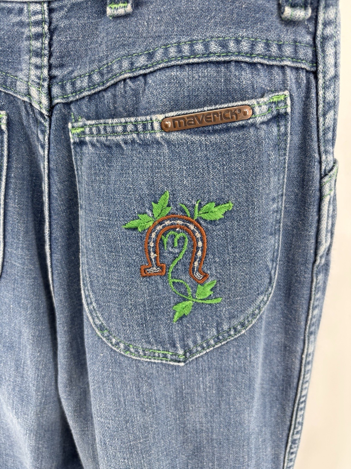 Vintage Maverick Jeans 24×31.5 Flared High Rise Rare Embroidered Pocket Hippy