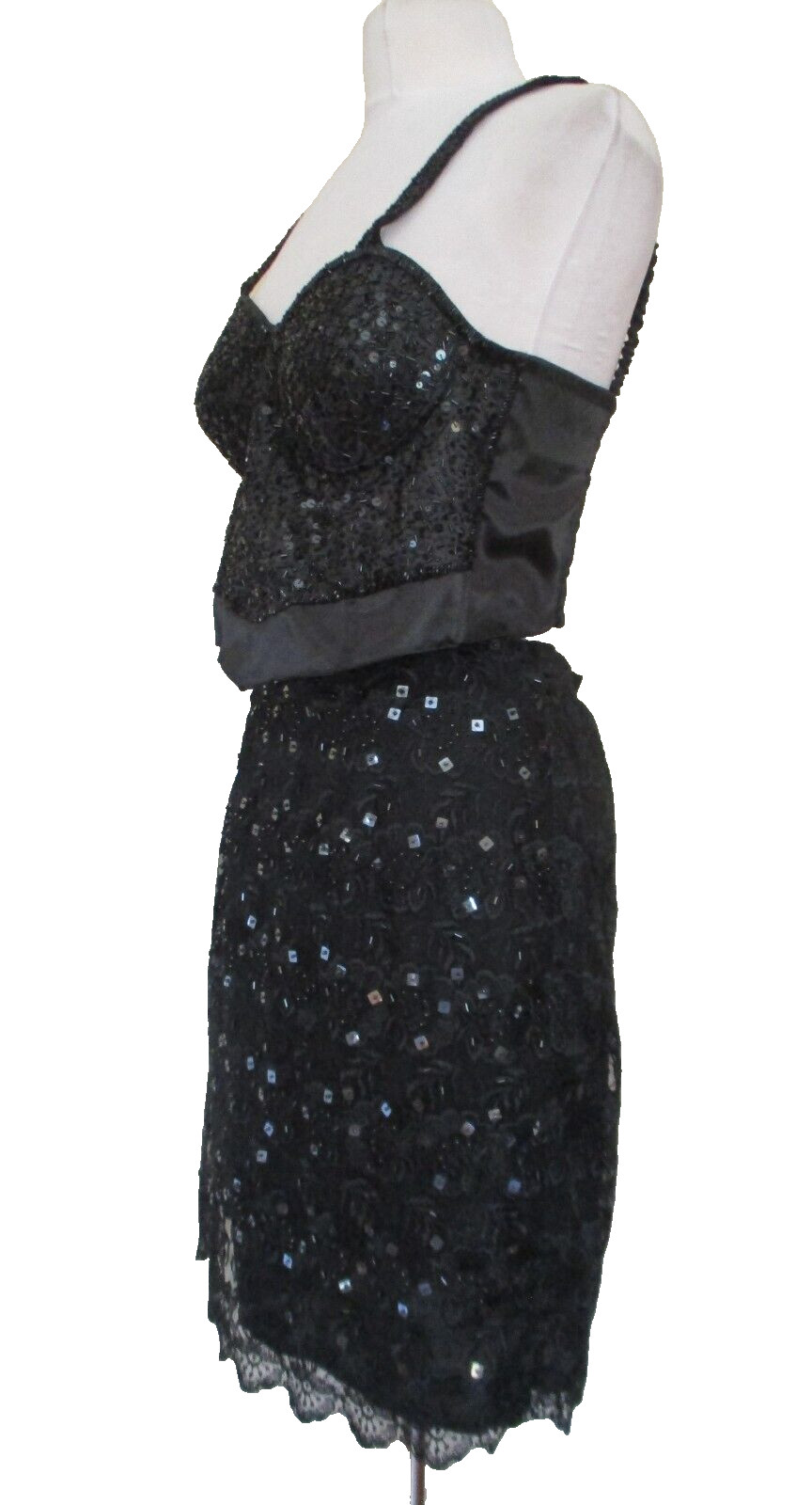 Vintage Surya 3 pc Skirt Outfit Set S/M Women Black Sequin Lace Bustier Top