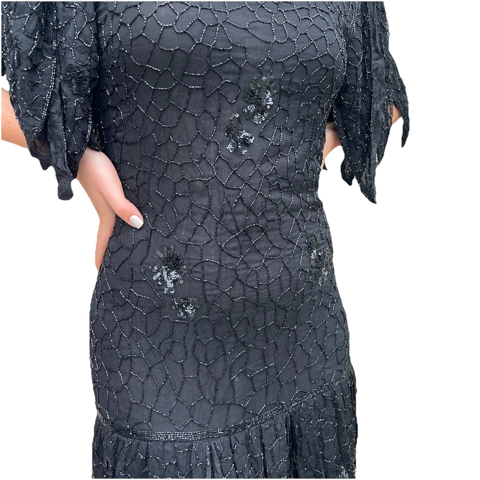 Vintage Frank Usher Black Silk Beaded & Sequin Dress Hand Woven M. Whimsigoth